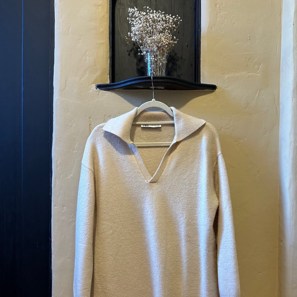 Zara, Polo Collar Knit Dress, Cream, S